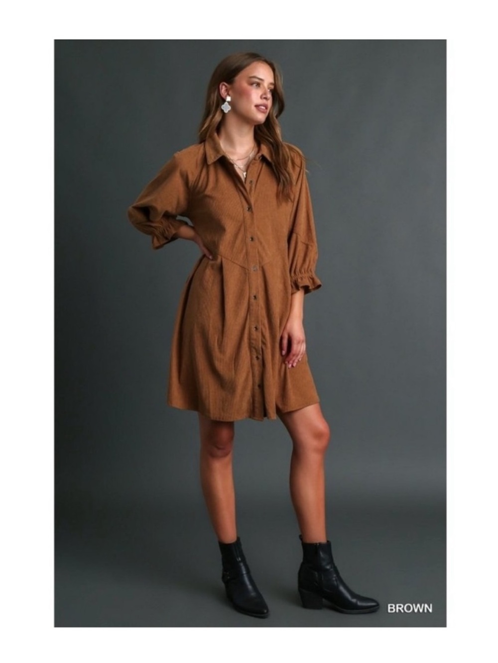 Falling For You Umgee Collared Button Front Corduroy Dress
